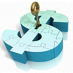 Picture of a dollar sign puzzle with key inside for savings