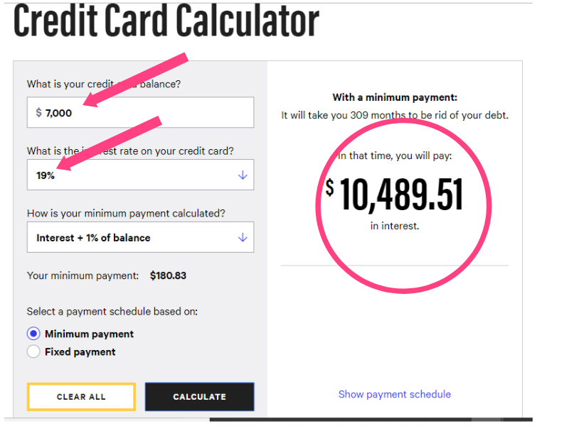 Image of a credit card payment calculator related to how to get out of debt,
