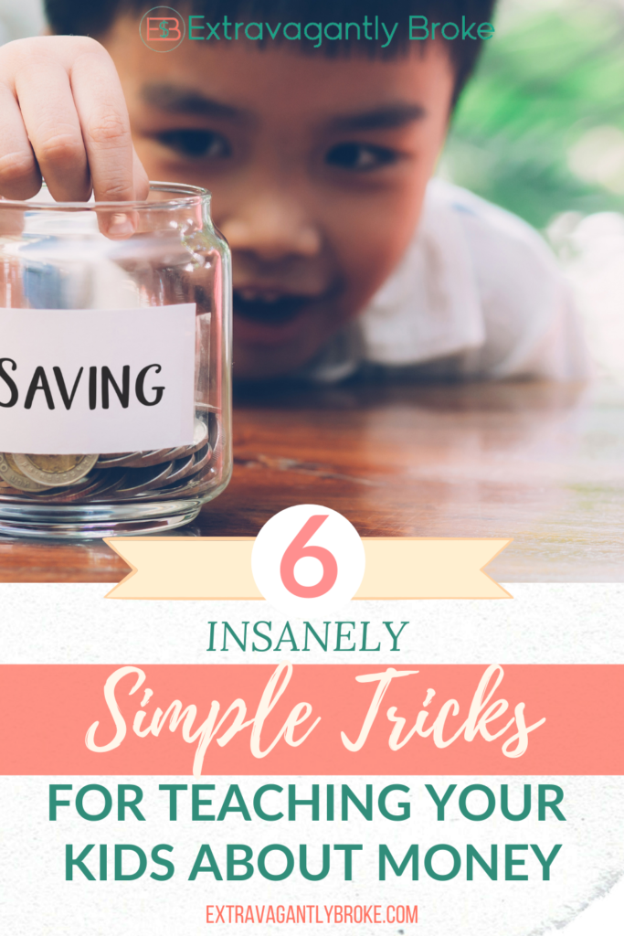 Pinterest pin of child adding coins to a savings jar r/t teaching kids about money.